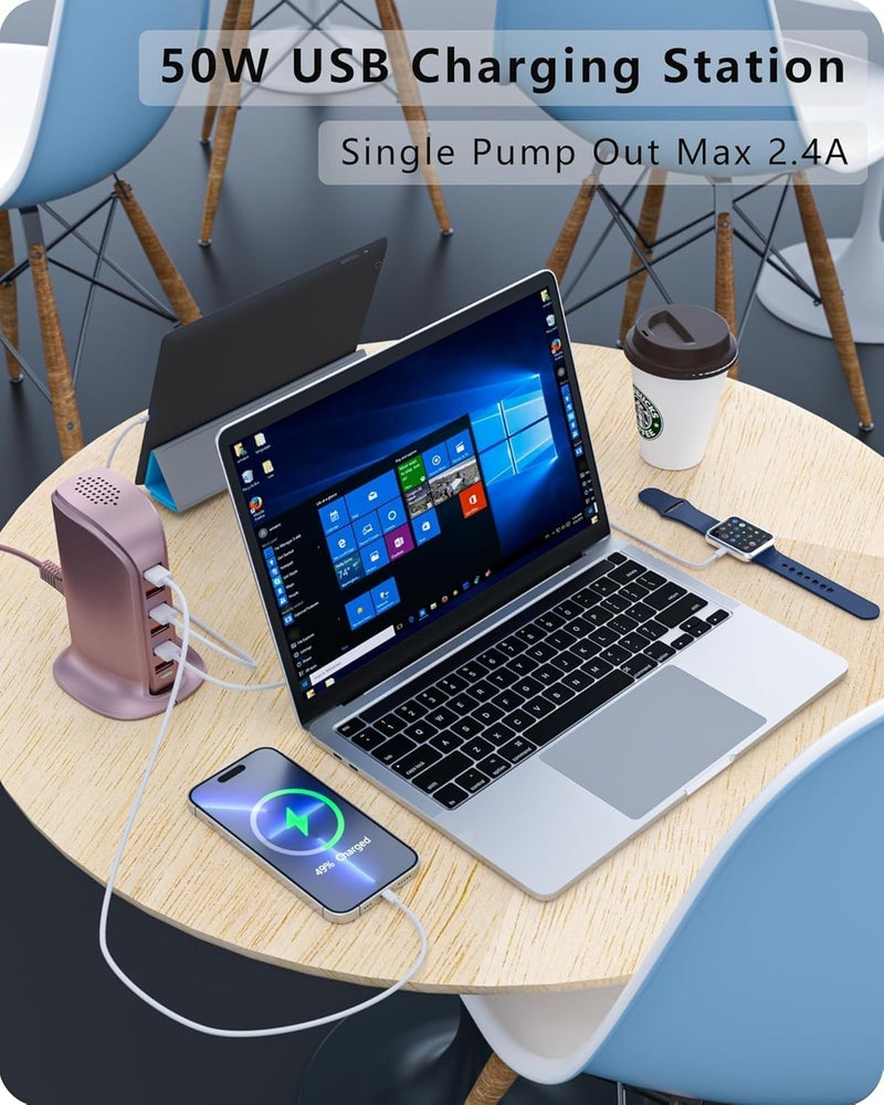 في اتش بي دبليو محطة شحن USB بقدرة 50 واط من ، برج شاحن USB متعدد المنافذ 6 لأجهزة iPhone 15/14/14 Pro/14 Pro Max وAndroid وSamsung (ذهبي وردي 50 واط) - Image 2