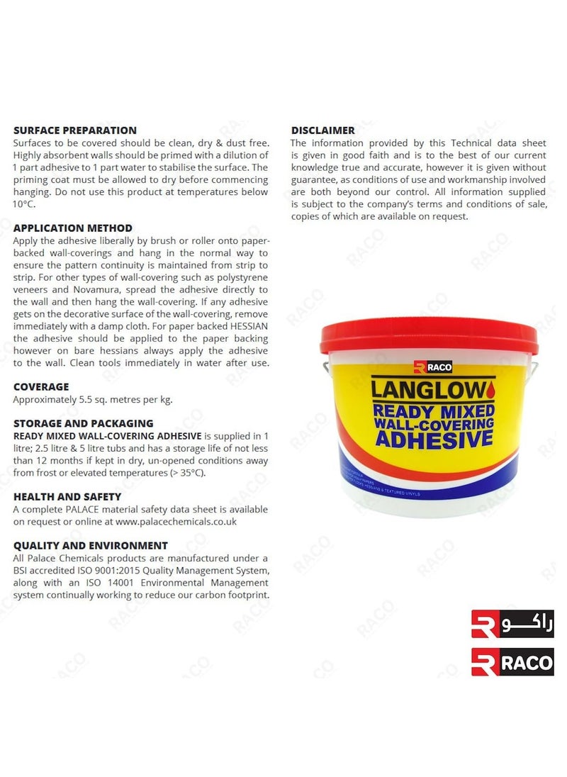 RACO LANGLOW Ready Mixed Wall-Covering Adhesive Glue 5 Kg