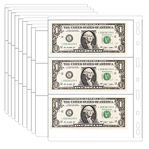 Fubeasi 10Pcs Money Banknote Paper Money Album Page Collection Holder Sleeves Loose Leaf Sheet Protection Album (3 pocket paper money) - Image 1