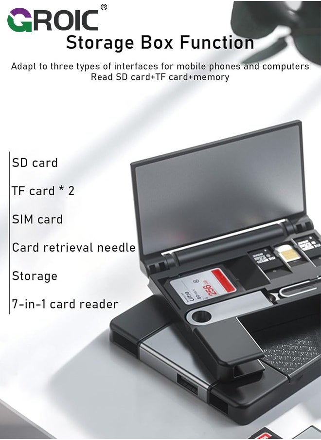 GROIC - Card Reader for iPhone OTG SD Card Reader Support USB A, USB C, Micro USB & Light-ing Interface Multifunctional Card Reader & Card Storage Box for TF/SD Card, SIM Card, Card Pin Storage - Image 1