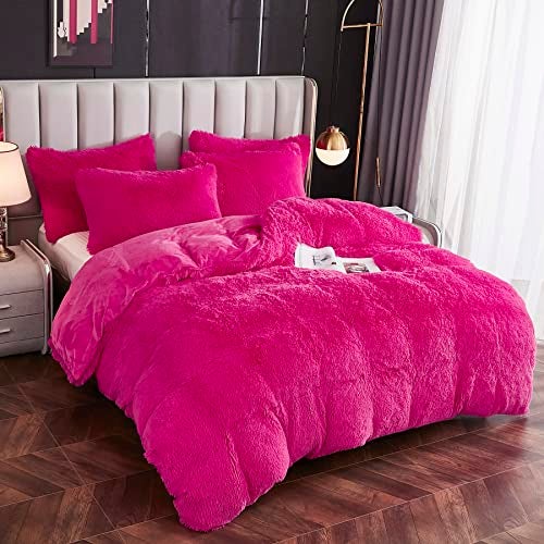 Yaoshuho Plush Fluffy Duvet Cover Twin Size Luxury Ultra Soft Shaggy Duvet Cover Set Faux Fur Comforter Bedding Set(1 Duvet Cover + 1 Pillow Shams), Hot Pink - Image 2