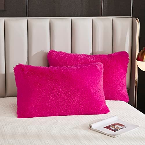Yaoshuho Plush Fluffy Duvet Cover Twin Size Luxury Ultra Soft Shaggy Duvet Cover Set Faux Fur Comforter Bedding Set(1 Duvet Cover + 1 Pillow Shams), Hot Pink - Image 3