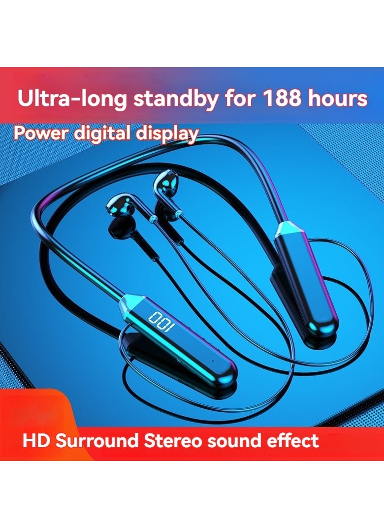 Generic New Wireless Bluetooth Sports Headphones Digital Display Hanging Neck Style Ultra-Long Battery Life Bluetooth Headphones Black  - Image 1