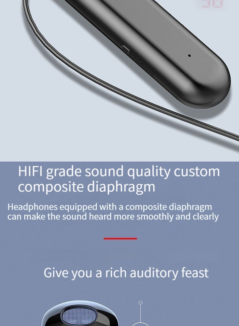 New Wireless Bluetooth Sports Headphones Digital Display Hanging Neck Style Ultra-Long Battery Life Bluetooth Headphones Black