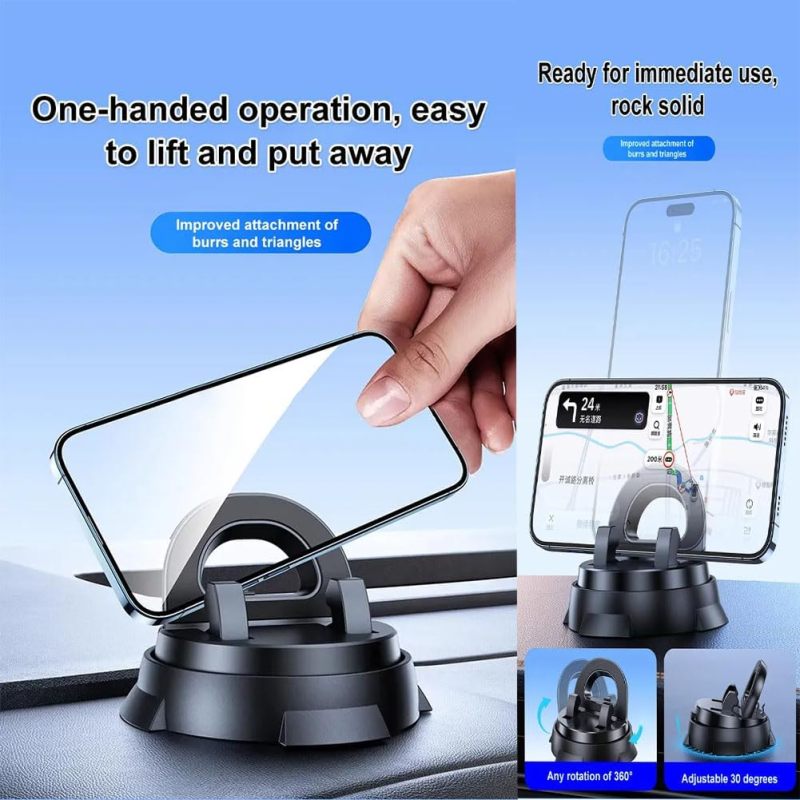 Car Phone Mount: Black 360° Adjustable - One-Hand Operation Intelligent Suction Cup Holder for Safer Driving Car Console Navigation - Image 2