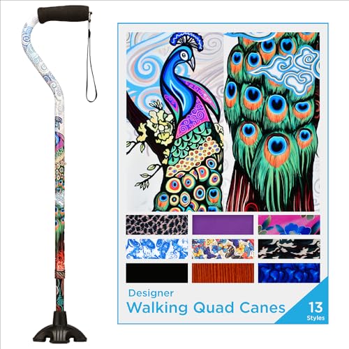 NOVA عصا المشي من نوفا مصنوعة من قصب السكر مع قاعدة مطاطية رباعية لجميع التضاريس وحزام حمل بتصميم طاووس فخور