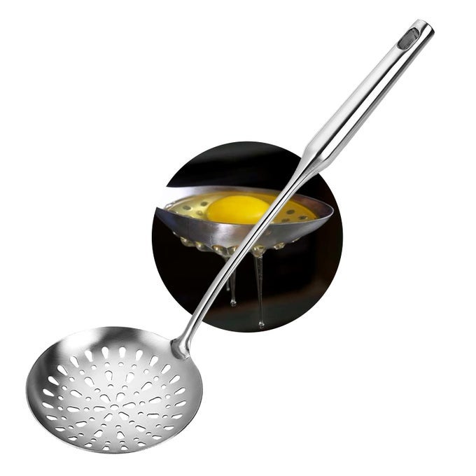 SKIMMER SLOTTED SPOON HEAVY DUTY 304 STAINLESS STEEL SLOTTED SPOON WITH VACUUM ERGONOMIC HANDLE COMFORTABLE GRIP DESIGN STRAINER LADLE FOR KITCHEN 1496 INCHES