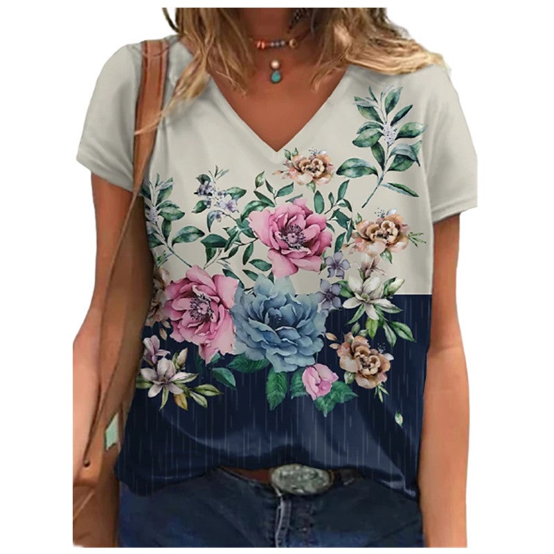 2021 Summer 3D Digital Printing Short-Sleeved V-Neck Women'S Loose T-Shirt - Image 2