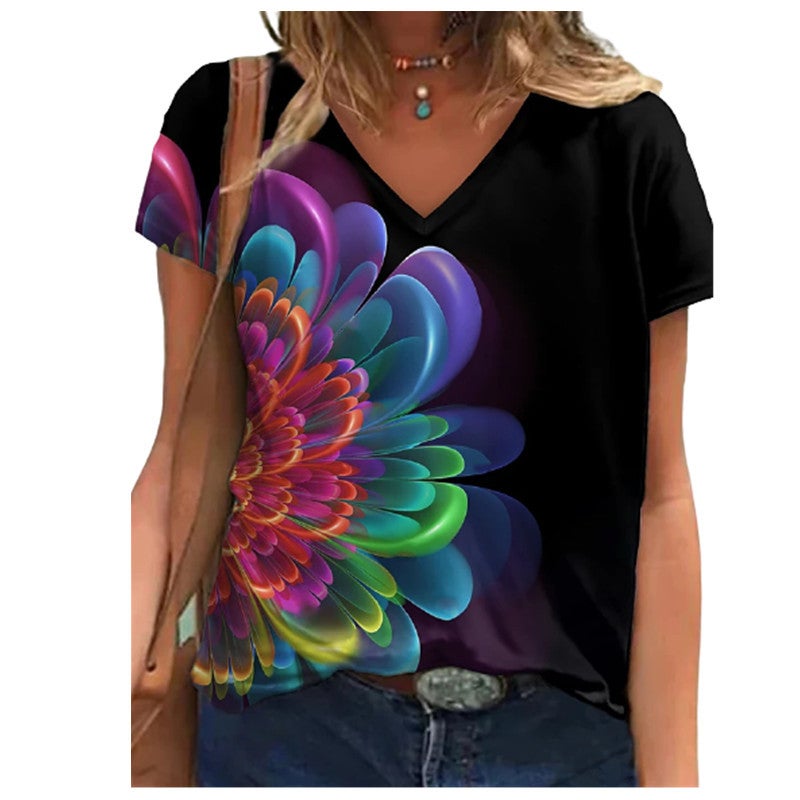 2021 Summer 3D Digital Printing Short-Sleeved V-Neck Women'S Loose T-Shirt - Image 3