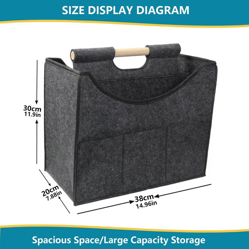 HMOSSVK Foldable magazine storage basket, solid wood handle felt organizer, can store magazines, newspapers, laptops, glasses, phones and other items, suitable for home or office storage of (dark grey) - Image 3