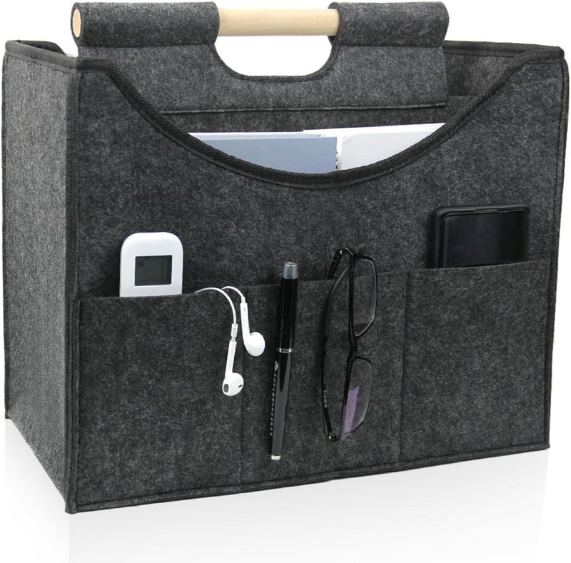 HMOSSVK Foldable magazine storage basket, solid wood handle felt organizer, can store magazines, newspapers, laptops, glasses, phones and other items, suitable for home or office storage of (dark grey) - Image 1
