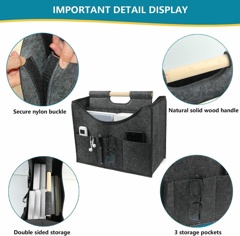 HMOSSVK Foldable magazine storage basket, solid wood handle felt organizer, can store magazines, newspapers, laptops, glasses, phones and other items, suitable for home or office storage of (dark grey) - Image 5