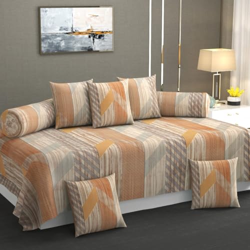 Slazie Cotton Diwan Set Covers |8 Pieces Diwan Cover Set|300 TC Fabric| Pure Cotton Printed Deewan Set (1 Single Bedsheet, 2 Bolster Covers, 5 Cushion Covers)|Beige Zigzag |SZDS 033 - Image 1