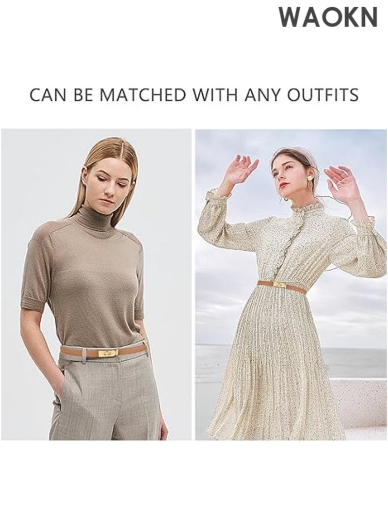 WAOKN Elegant slim leather belt features a modern gold-tone turn-lock buckle that can be easily adjusted with one hand for the perfect fit. Women's Thin Leather Belt with Adjustable Gold-tone Turn-lock Buckle - Perfect for Dresses, Jeans and Jackets, Brown - Image 4