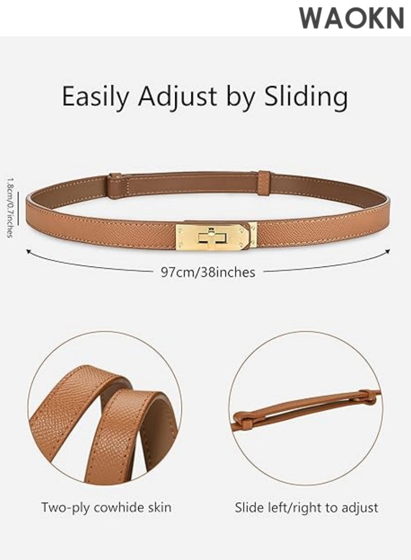 WAOKN Elegant slim leather belt features a modern gold-tone turn-lock buckle that can be easily adjusted with one hand for the perfect fit. Women's Thin Leather Belt with Adjustable Gold-tone Turn-lock Buckle - Perfect for Dresses, Jeans and Jackets, Brown - Image 2