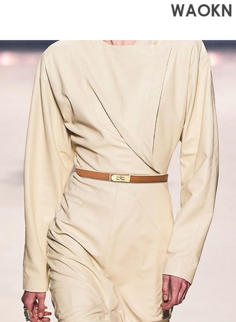 WAOKN Elegant slim leather belt features a modern gold-tone turn-lock buckle that can be easily adjusted with one hand for the perfect fit. Women's Thin Leather Belt with Adjustable Gold-tone Turn-lock Buckle - Perfect for Dresses, Jeans and Jackets, Brown - Image 3