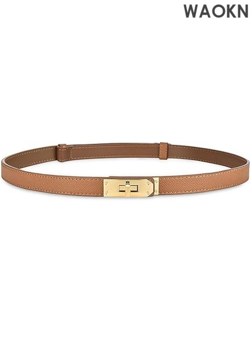 WAOKN Elegant slim leather belt features a modern gold-tone turn-lock buckle that can be easily adjusted with one hand for the perfect fit. Women's Thin Leather Belt with Adjustable Gold-tone Turn-lock Buckle - Perfect for Dresses, Jeans and Jackets, Brown - Image 1