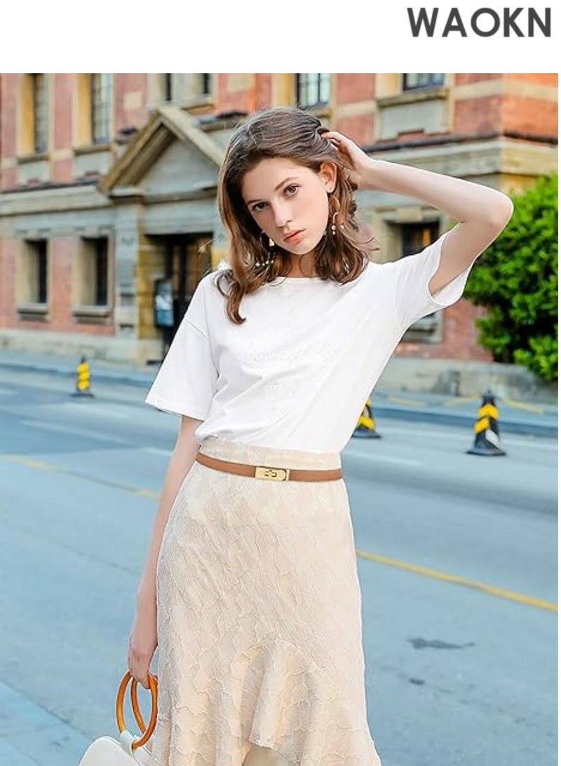 WAOKN Elegant slim leather belt features a modern gold-tone turn-lock buckle that can be easily adjusted with one hand for the perfect fit. Women's Thin Leather Belt with Adjustable Gold-tone Turn-lock Buckle - Perfect for Dresses, Jeans and Jackets, Brown - Image 5