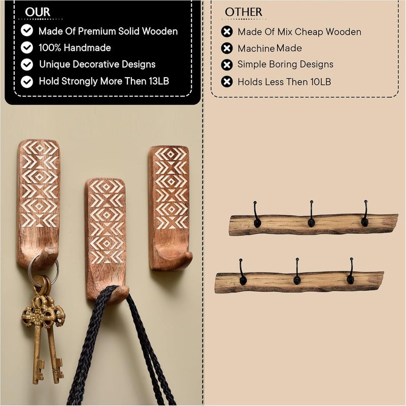 Indian-Shelf 3 Pieces Adhesive Wooden Hooks - Decorative Vintage Boho Wall Hooks - Damage Free Sticking Hooks for Wall - Image 4