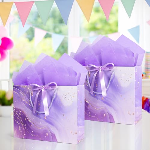 MAMUNU Purple Gift Bags, 2PCS 13” Large Gift Bags with Tissue Paper and Greeting Cards, Gift Bag with Handles Bow for Women Girls, Purple Gift Bags for Birthday Wedding Bridal Baby Shower Anniversaries - Image 4