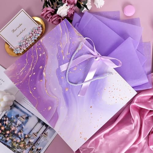 MAMUNU Purple Gift Bags, 2PCS 13” Large Gift Bags with Tissue Paper and Greeting Cards, Gift Bag with Handles Bow for Women Girls, Purple Gift Bags for Birthday Wedding Bridal Baby Shower Anniversaries - Image 3