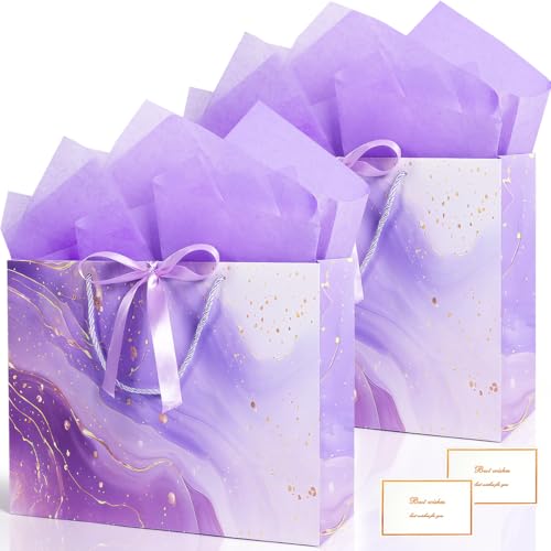 MAMUNU Purple Gift Bags, 2PCS 13” Large Gift Bags with Tissue Paper and Greeting Cards, Gift Bag with Handles Bow for Women Girls, Purple Gift Bags for Birthday Wedding Bridal Baby Shower Anniversaries - Image 1