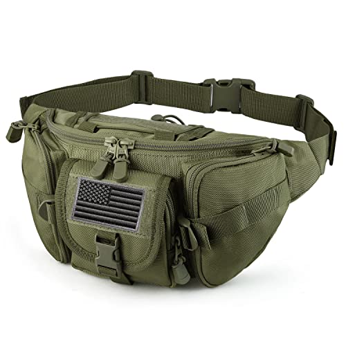 FRTKK Tactical Fanny Pack Military Waist Bag Pack with USA Flag Patch Utility Hip Pack with Adjustable Strap for Outdoors Fishing Cycling Camping Hiking Dog Walking Army green - Image 1