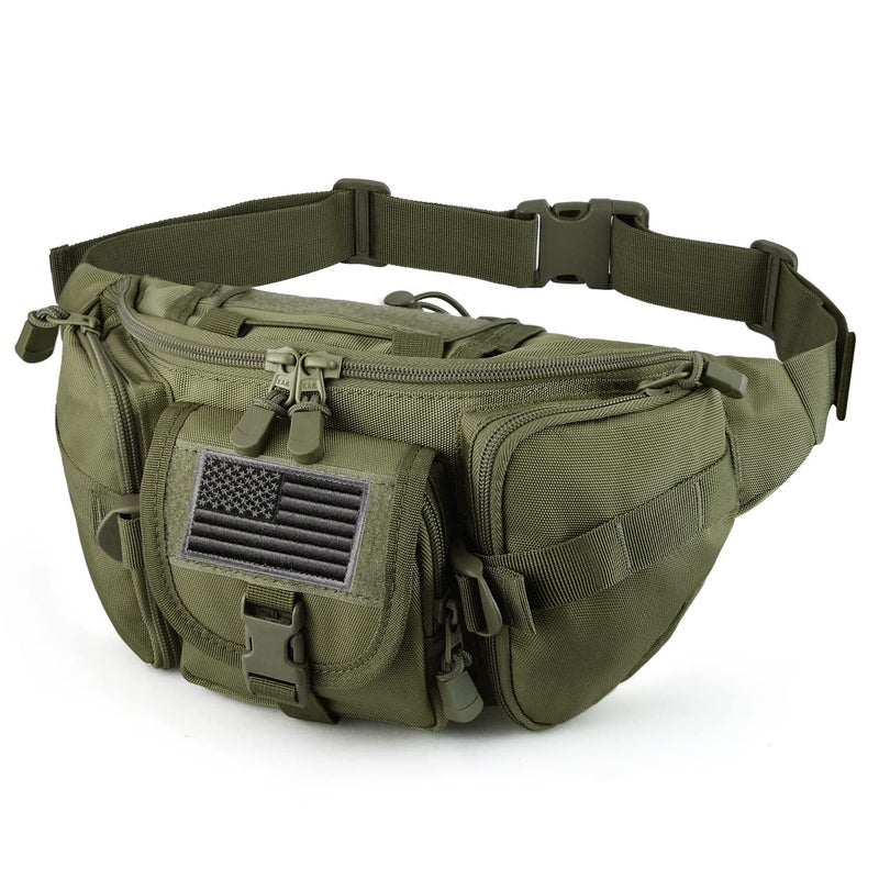 FRTKK Tactical Fanny Pack Military Waist Bag Pack with USA Flag Patch Utility Hip Pack with Adjustable Strap for Outdoors Fishing Cycling Camping Hiking Dog Walking Army green - Image 2