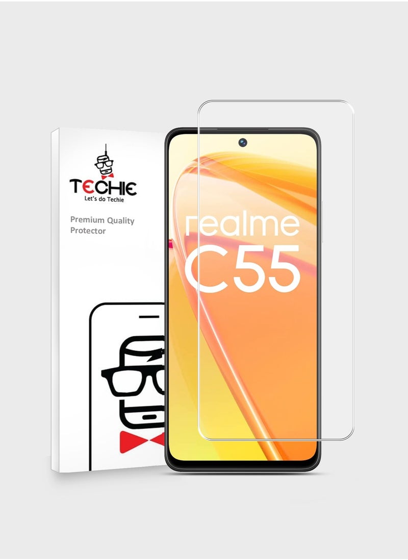 Techie HD Tempered Glass Screen Protector for Realme C55 - Anti Reflection Anti Bubbles 9H Hardness 0.33 mm Rounded Edges Easy Installation  - Image 1