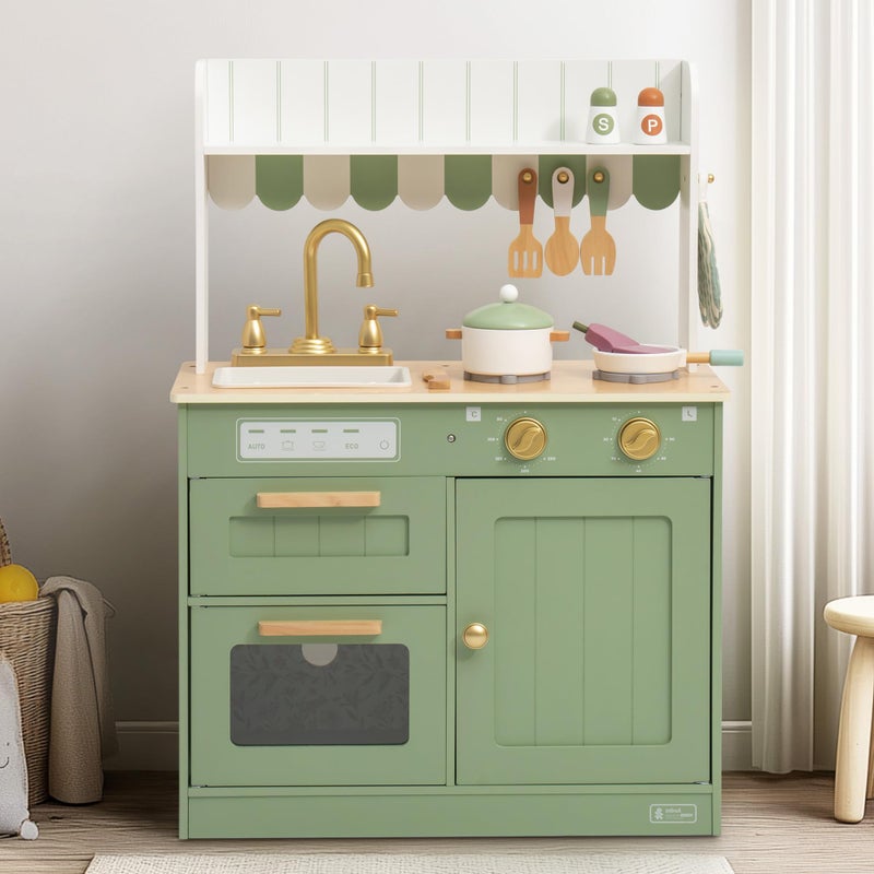 ROBUD Wooden Play Kitchen Set for Kids, Pretend Play Kitchen Toy Set with Golden Faucet, Sink, Oven, Stove, Cabinet, Vintage Style, Gift for Boys & Girls Ages 3+ (Green) - Image 1