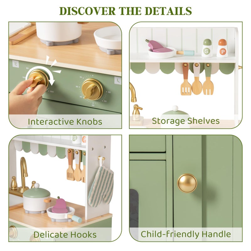 ROBUD Wooden Play Kitchen Set for Kids, Pretend Play Kitchen Toy Set with Golden Faucet, Sink, Oven, Stove, Cabinet, Vintage Style, Gift for Boys & Girls Ages 3+ (Green) - Image 4