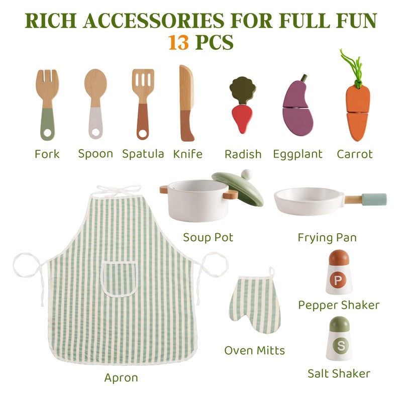 ROBUD Wooden Play Kitchen Set for Kids, Pretend Play Kitchen Toy Set with Golden Faucet, Sink, Oven, Stove, Cabinet, Vintage Style, Gift for Boys & Girls Ages 3+ (Green) - Image 5