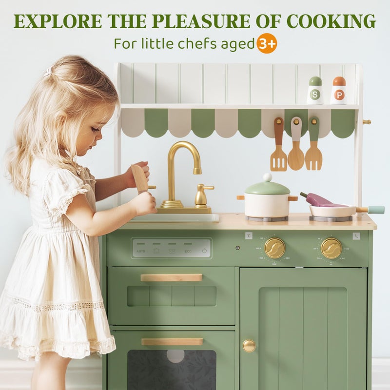 ROBUD Wooden Play Kitchen Set for Kids, Pretend Play Kitchen Toy Set with Golden Faucet, Sink, Oven, Stove, Cabinet, Vintage Style, Gift for Boys & Girls Ages 3+ (Green) - Image 2