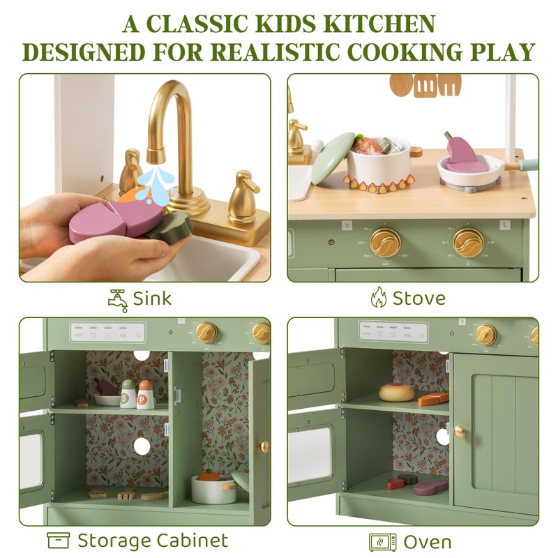 ROBUD Wooden Play Kitchen Set for Kids, Pretend Play Kitchen Toy Set with Golden Faucet, Sink, Oven, Stove, Cabinet, Vintage Style, Gift for Boys & Girls Ages 3+ (Green) - Image 3