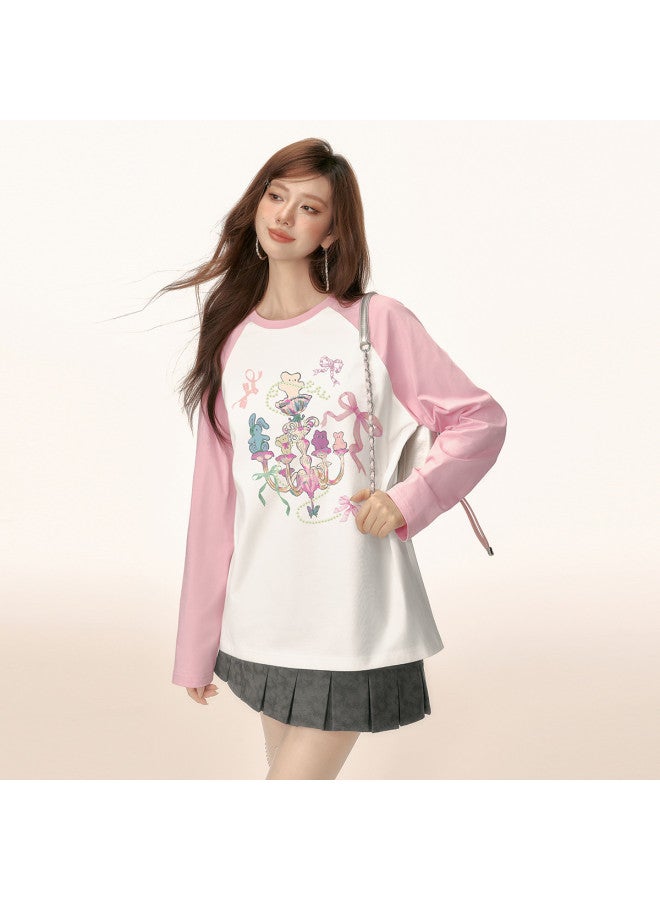 EPTISON Women'S Long Sleeve T-Shirt, Autumn Loose Casual Bow Print Color Block Raglan Sleeve Cotton T-Shirt - Image 2