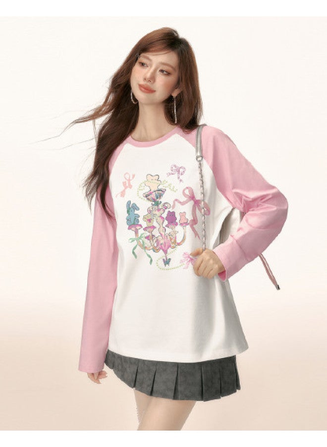 EPTISON Women'S Long Sleeve T-Shirt, Autumn Loose Casual Bow Print Color Block Raglan Sleeve Cotton T-Shirt - Image 1