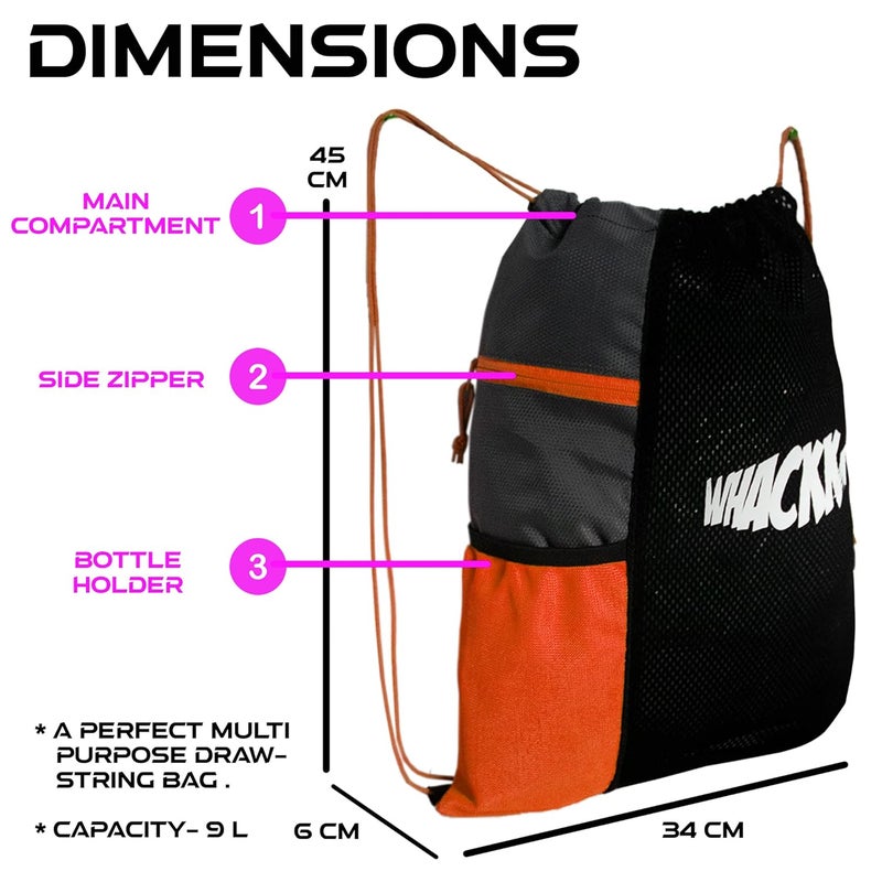 WHACKK Joss Orange9L|Sports |Swimming Equipment |Netball |Dry Bags|Drawstring Bag for Shoes & Clothes|Sports Gear|Accessory Pocket |Gym |Tuition Bag|1 Bottle Holder - Image 2
