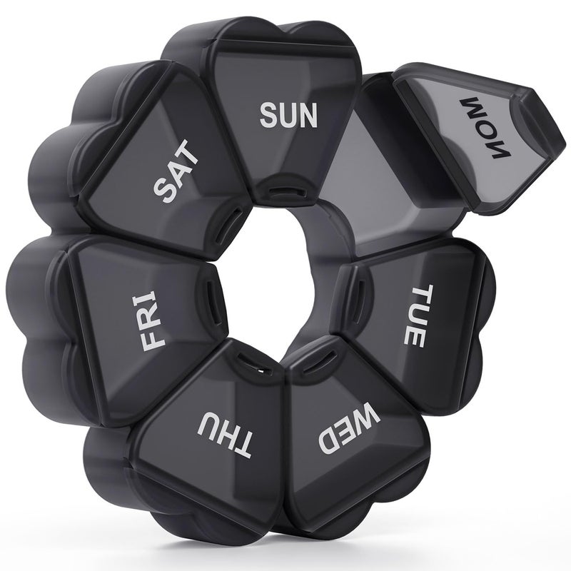 Large Weekly Pill Organizer Pill Box 7 Day KAPENS Daily Vitamin Case Large Capacity Compartments Pill Containers for Fish Oil Medicine Supplements Black