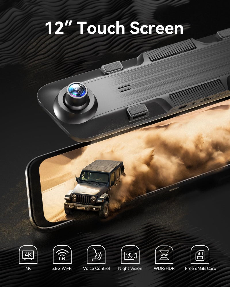 WOLFBOX كاميرا مرآة الرؤية الخلفية WOLFBOX 12" 4K مع واي فاي 5.8GHz وتحكم صوتي، كاميرا داش ذكية أمامية وخلفية، كاميرا احتياطية مع كاميرا خلفية 1080P، كاميرا داش مع WDR، تشمل بطاقة 64GB ونظام تحديد المواقع GPS - Image 2