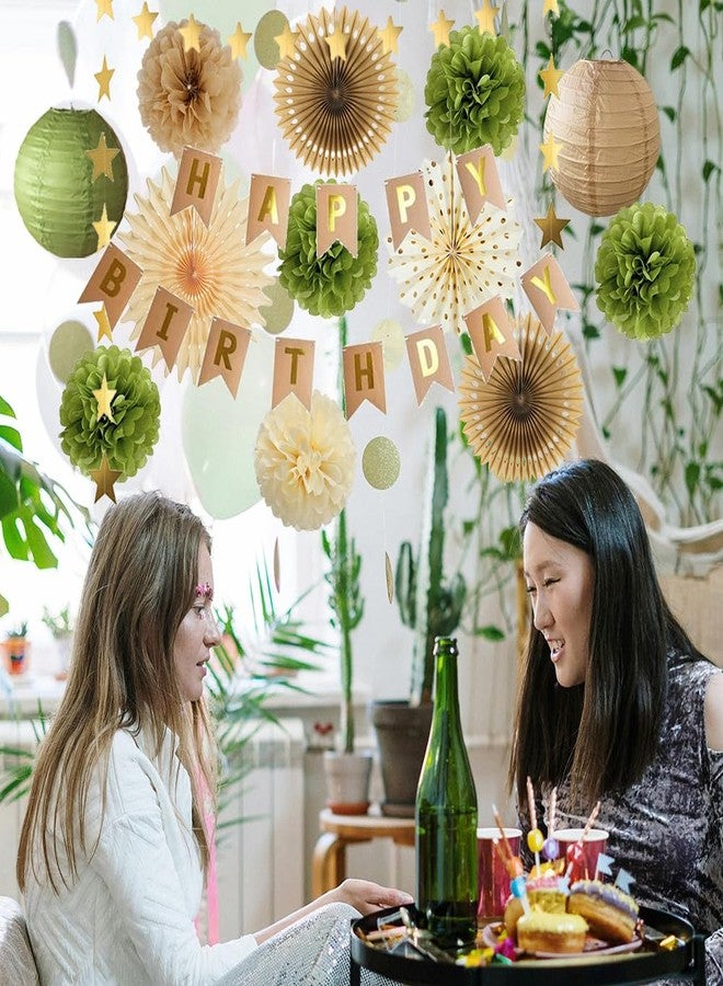 FETETIJD Olive Green and Brown Birthday Decorations Kit: Paper Fans, Pom Poms, Lanterns, Banner, Star Garland - Brown, Green, Beige - Happy Birthday Party Supplies for Women, Girls - Image 5