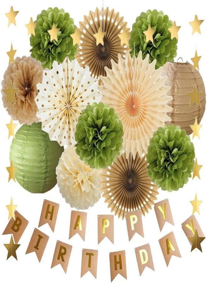 FETETIJD Olive Green and Brown Birthday Decorations Kit: Paper Fans, Pom Poms, Lanterns, Banner, Star Garland - Brown, Green, Beige - Happy Birthday Party Supplies for Women, Girls - Image 1