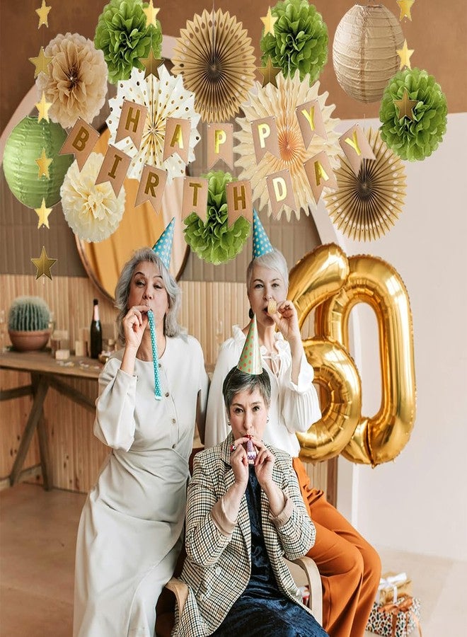 FETETIJD Olive Green and Brown Birthday Decorations Kit: Paper Fans, Pom Poms, Lanterns, Banner, Star Garland - Brown, Green, Beige - Happy Birthday Party Supplies for Women, Girls - Image 2