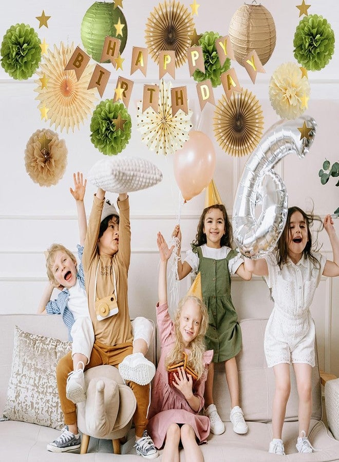 FETETIJD Olive Green and Brown Birthday Decorations Kit: Paper Fans, Pom Poms, Lanterns, Banner, Star Garland - Brown, Green, Beige - Happy Birthday Party Supplies for Women, Girls - Image 4