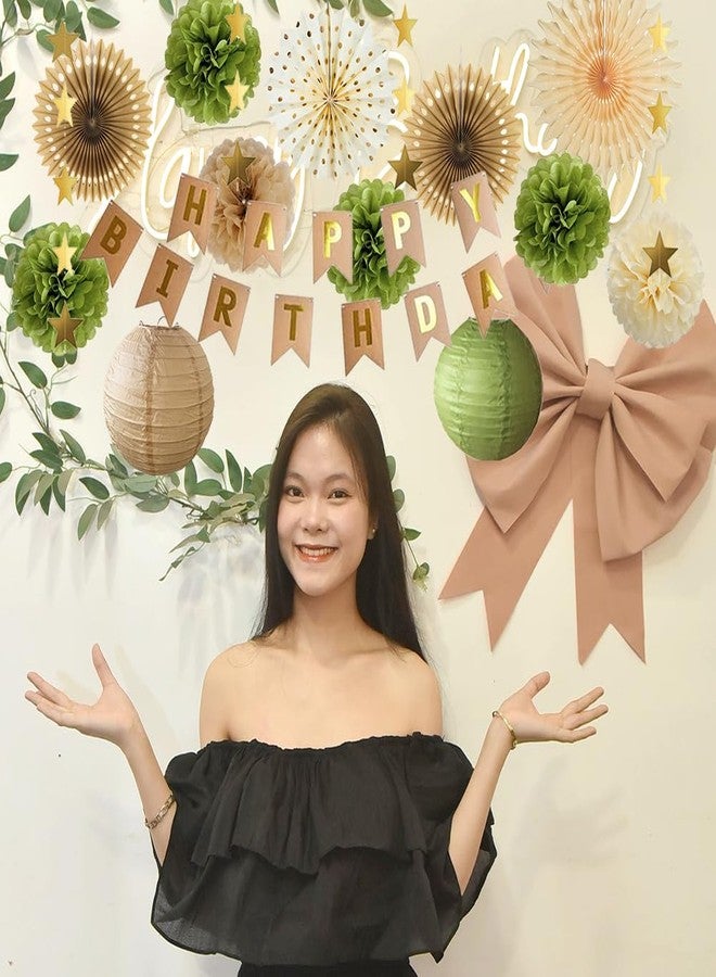 FETETIJD Olive Green and Brown Birthday Decorations Kit: Paper Fans, Pom Poms, Lanterns, Banner, Star Garland - Brown, Green, Beige - Happy Birthday Party Supplies for Women, Girls - Image 3