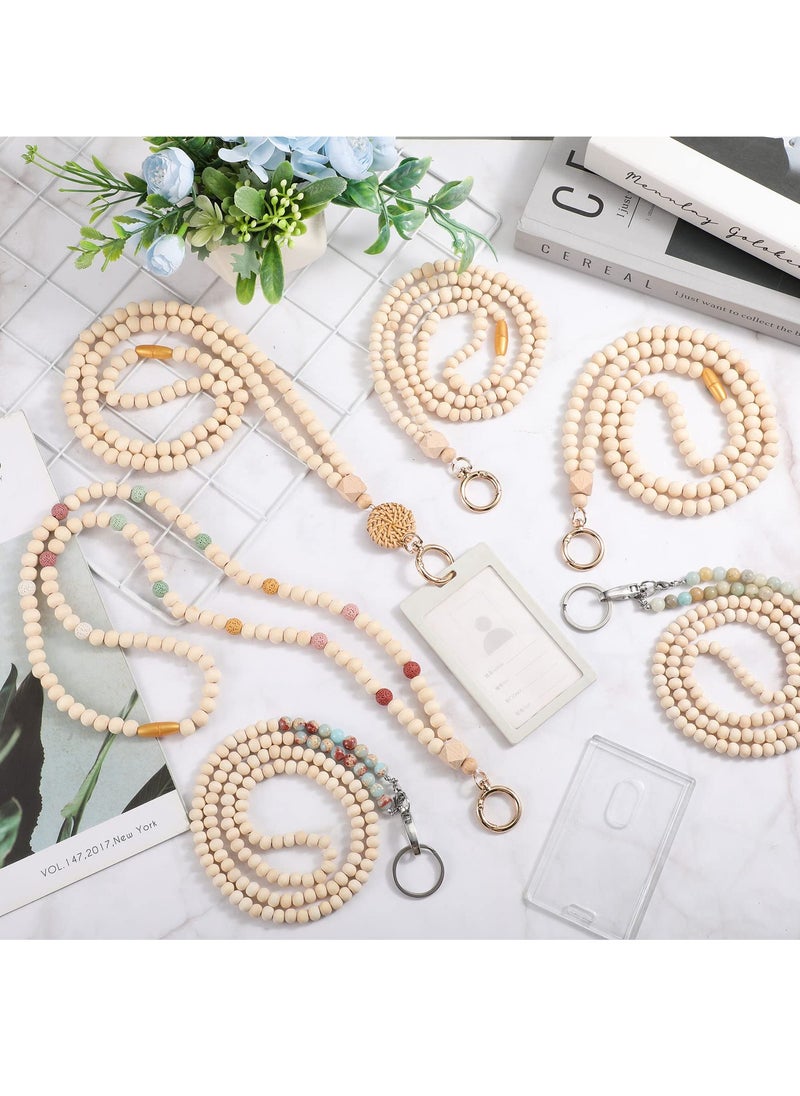 KASTWAVE - 6 Pcs Wood Beaded Lanyard for ID Badges and Keys Chain Holder Boho Teacher Breakaway Lanyard Wooden Badge Holder Lanyard Beaded Lanyard Cute Badge Necklace for Women Teacher Nurse Gift, 6 Style - Image 1