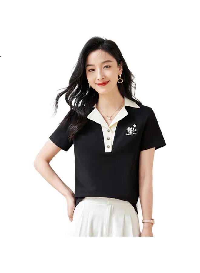 First Application Chushen Summer Short Sleeve T-Shirt Women'S Fashion Design Color-Blocked Polo Neck Commuting Casual Vintage Top S13Kt1010 - Image 3