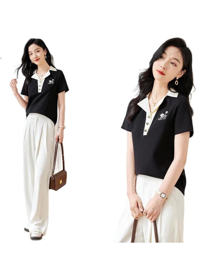 First Application Chushen Summer Short Sleeve T-Shirt Women'S Fashion Design Color-Blocked Polo Neck Commuting Casual Vintage Top S13Kt1010 - Image 1