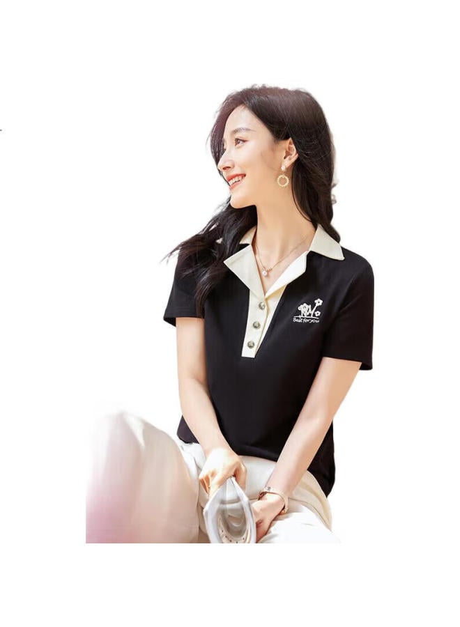 First Application Chushen Summer Short Sleeve T-Shirt Women'S Fashion Design Color-Blocked Polo Neck Commuting Casual Vintage Top S13Kt1010 - Image 2