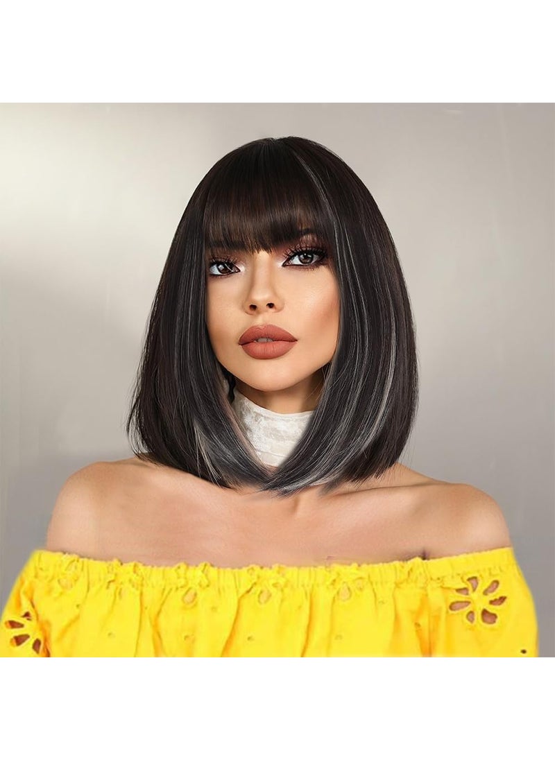 Colorful Queen - Bob Wigs for Women Brown Mixed Blonde Highlight Bob Wig with Bangs Yaki Straight Synthetic Hair Wigs Gray Highlights Synthetic Daily Costume Wigs Wig For Women Natural Looking for Daily Use - Image 1