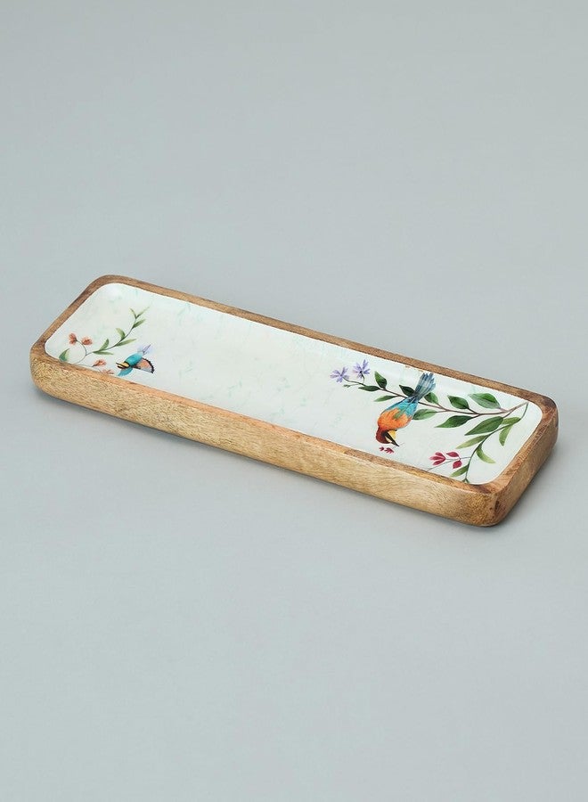 SAAGA Anemone Printed Mango Wood Platter | 16.5 x 4.5 Inch Rectangular Wooden Serving Tray | Decorative Food Serving Board for Snacks Fruits Desserts & Appetizers | Papyrus Finish - Image 1